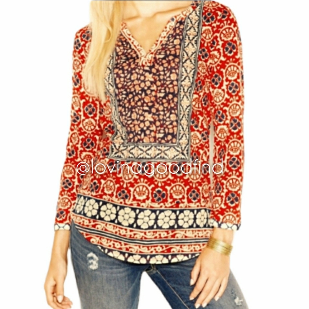 LUCKY Brand Mix Print Boho Long Sleeve Top EUC sz S